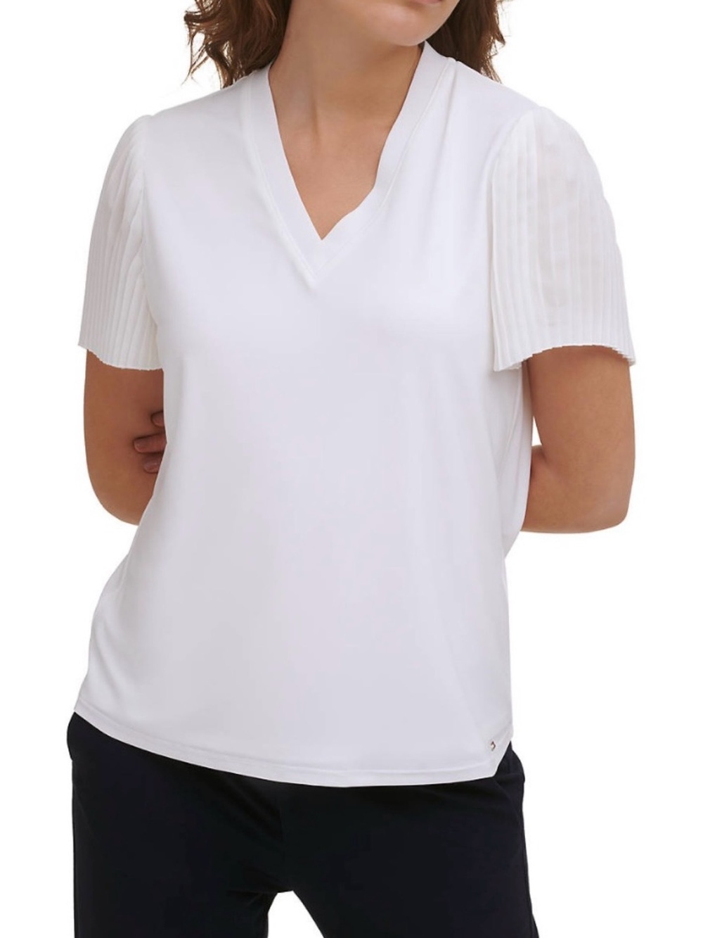 Tommy Hilfiger White V-Neck Pleated Flutter Sleeve Top